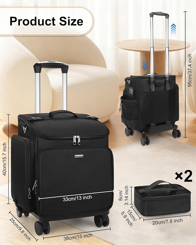 Relavel Rolling Makeup Case, Hair Tools Travel Bag Cosmetology Case on Wheels with 2 Clear Bags, Professional Hairstylist Bag Makeup Artist Storage Train Case Barber Organizer with 360° Spinner Wheels - Image 6