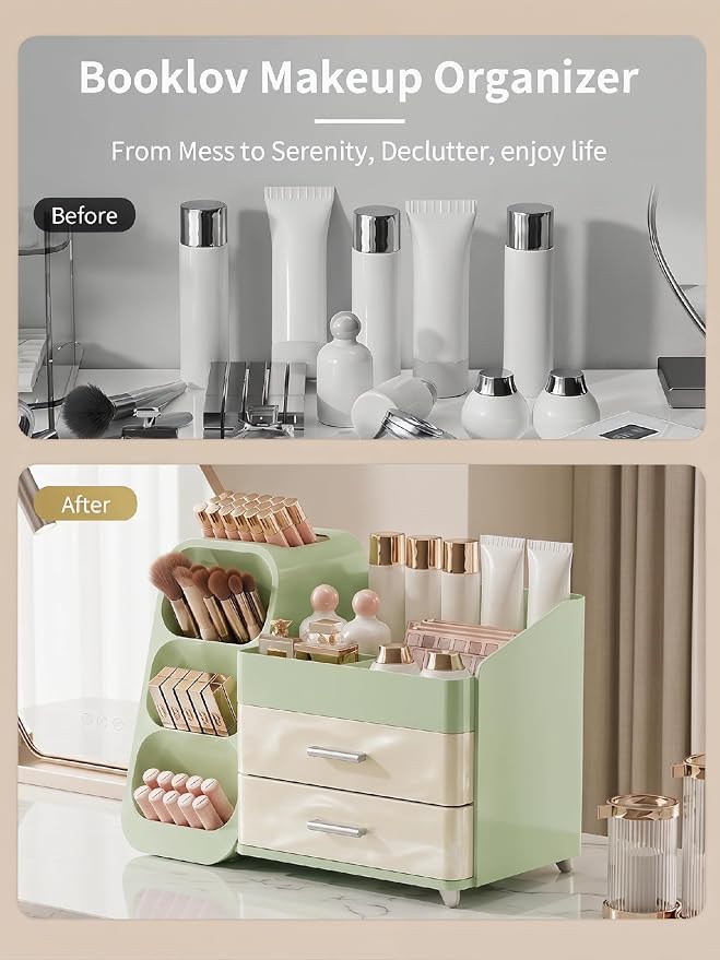 Booklov Makeup Organizer for Vanity and Bathroom Countertop, Green Cream | Plastic Cosmetic Display Case with Drawers, Beauty Brush Holder for Dresser Counter Skin Care Eyeshadow Lipstick Storage - Image 7