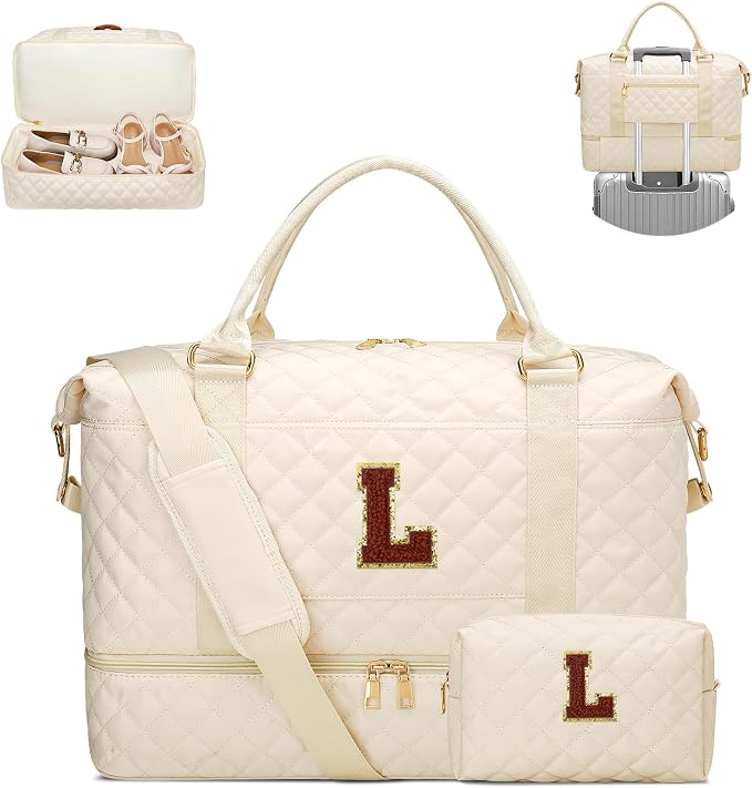 Gifts for Women Initial Travel Duffle Bag Quilted Weekender Bags Carry-On Overnight with Cosmetic Bag, Gym Bag with Shoe Compartment Hospital Bag for Women Labor Delivery, Beige-L by Unknown