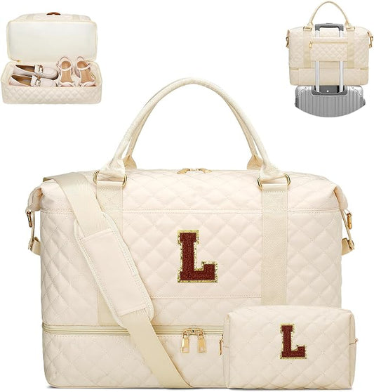 Gifts for Women Initial Travel Duffle Bag Quilted Weekender Bags Carry-On Overnight with Cosmetic Bag, Gym Bag with Shoe Compartment Hospital Bag for Women Labor Delivery, Beige-L by Unknown