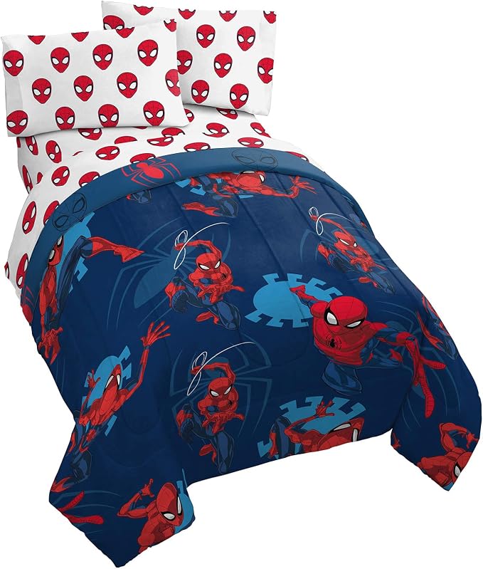 Marvel Spiderman Twin Comforter Set 4 Piece Kids Bedding for Boys, Blue | Bed in a Bag, Comforter Sheets Pillowcase, Official Product, Soft Microfiber, Machine Washable, Easy Care, Boys Gift by JayFranco