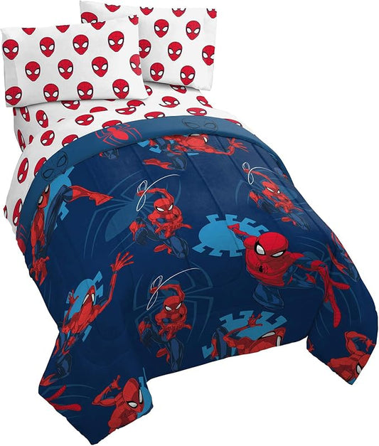 Marvel Spiderman Twin Comforter Set 4 Piece Kids Bedding for Boys, Blue | Bed in a Bag, Comforter Sheets Pillowcase, Official Product, Soft Microfiber, Machine Washable, Easy Care, Boys Gift by JayFranco