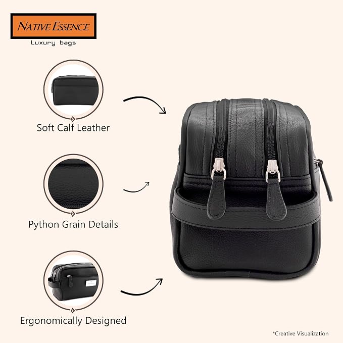 NATIVE ESSENCE Genuine Leather Toiletry Bag for Men & Women, Black | Dopp Kit, 2 Compartments, Travel Shaving & Grooming Organizer - Image 6