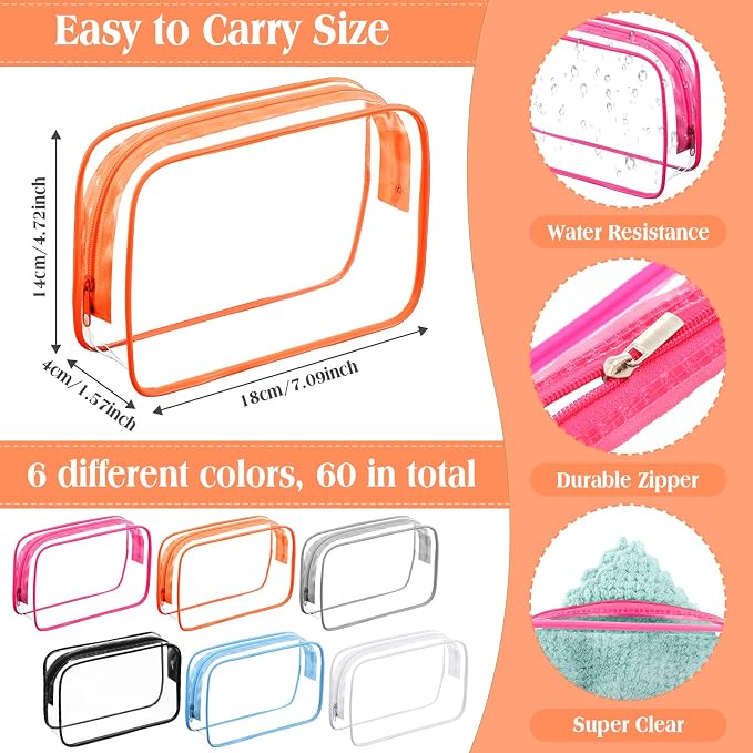 60 Pcs Clear Makeup Bags Bulk Travel Toiletry Bag 7 x 5.5 x 1.6 Inch PVC Zipper Pouch Waterproof Plastic Cosmetic Case Portable Organizer for Women Summer Bathroom (Vivid Color) - Image 3