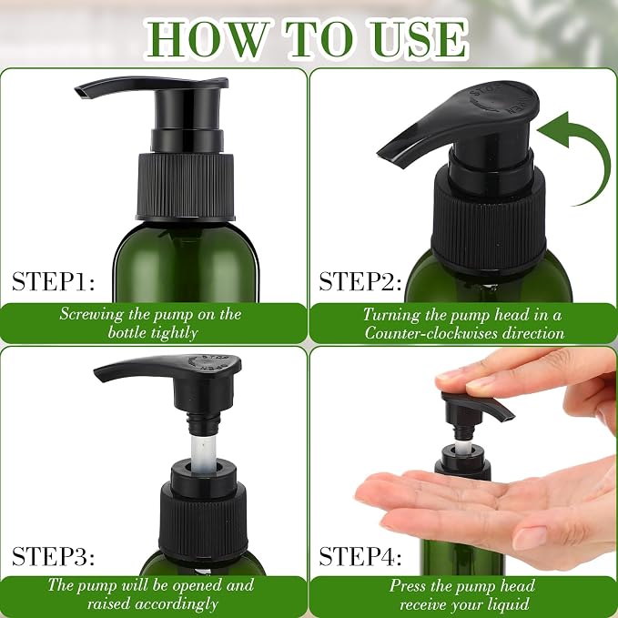 Nuenen 48 Pcs Refillable Empty Lotion Bottles 4oz/120ml Plastic Pump Bottles Conditioner Shampoo Dispenser Leak Proof Pump Container for Body Wash, Creams, Liquid Soap(Black and Green) - Image 4