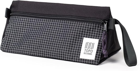 Topo Designs Dopp Kit - Travel Bag for Personal Care Essentials, Self Standing Triangular Shape, Fully Lined for Easy Cleaning, Recycled Nylon (Black/Grid) by TopoDesigns
