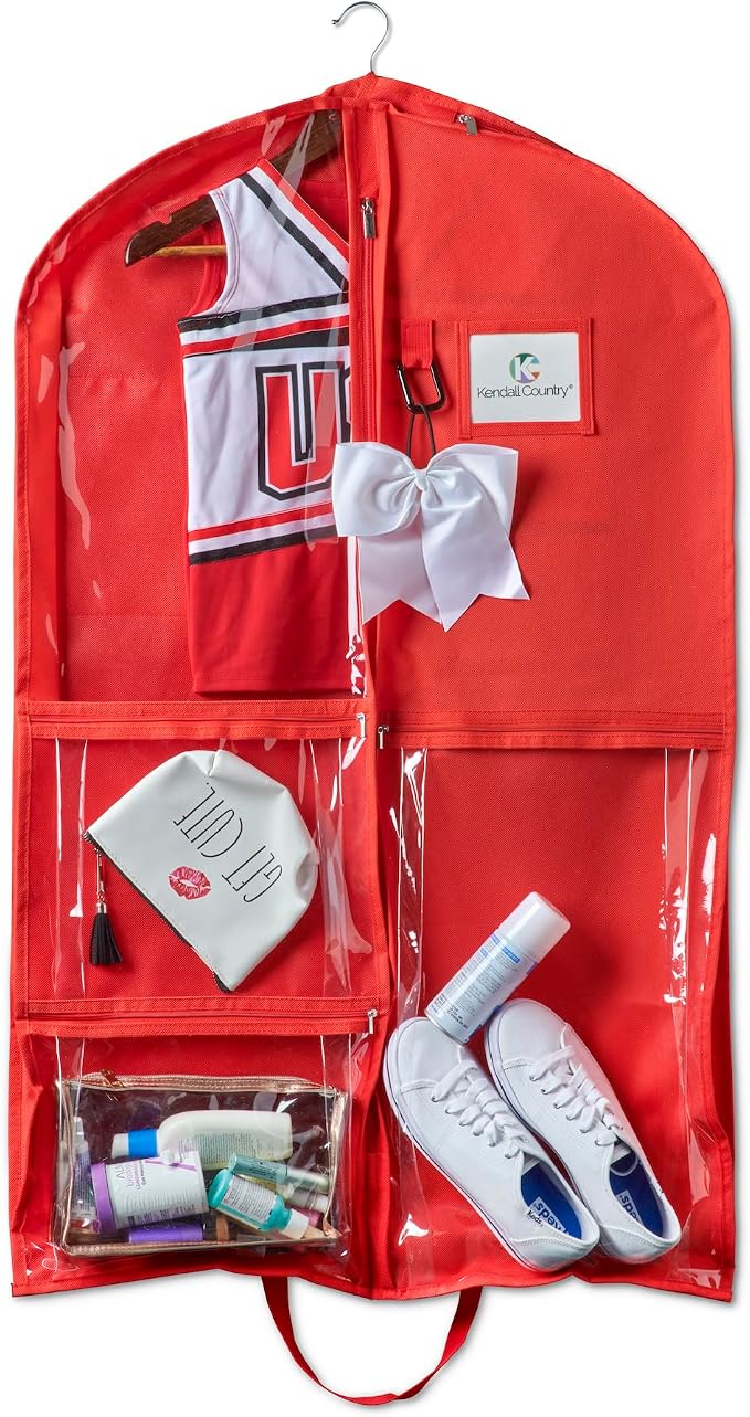 Enhanced Hanging Garment Bag with multiple clear Pockets, carrying straps, front and Side Zippers for Clothes, Dance Costumes, Cheer uniforms, and pageant dresses. (Candy Apple Red, 40 inch-2 pack) - Image 2
