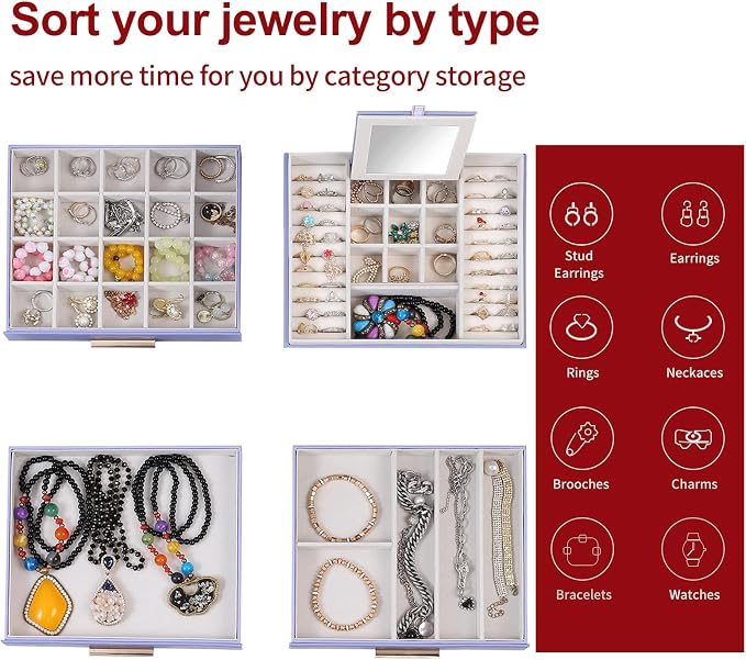 BOOVO Clear Lid Jewelry Box,3 Layers Jewelry Organizer Large Jewelry Storage Box with 2 Drawers,Jewelry Holder Organzier of Rings Earrings Necklace Bracelets for Women (Purple, 4 Layer) - Image 3