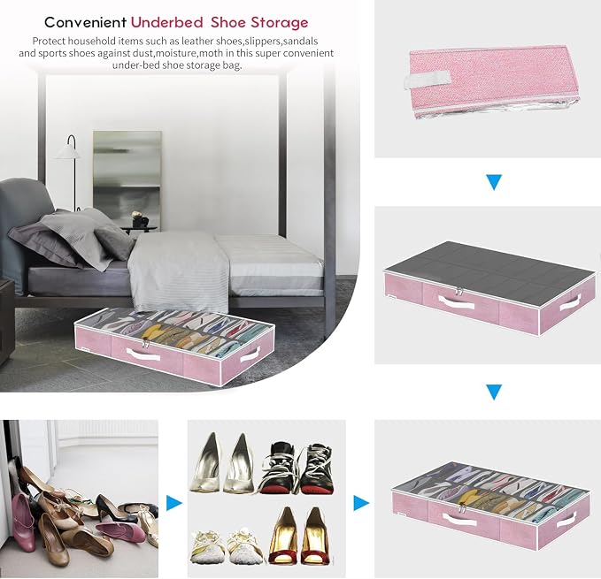 Onlyeasy Large Under Bed Shoe Organizer Container Box, Set of 2, Fit 16 to 32 Pairs of shoes, Underbed Shoes Closet Storage Solution, L37.7x W23.6x H5.9 inch, Cotton-like Pink, MXPUBS16P2 - Image 5