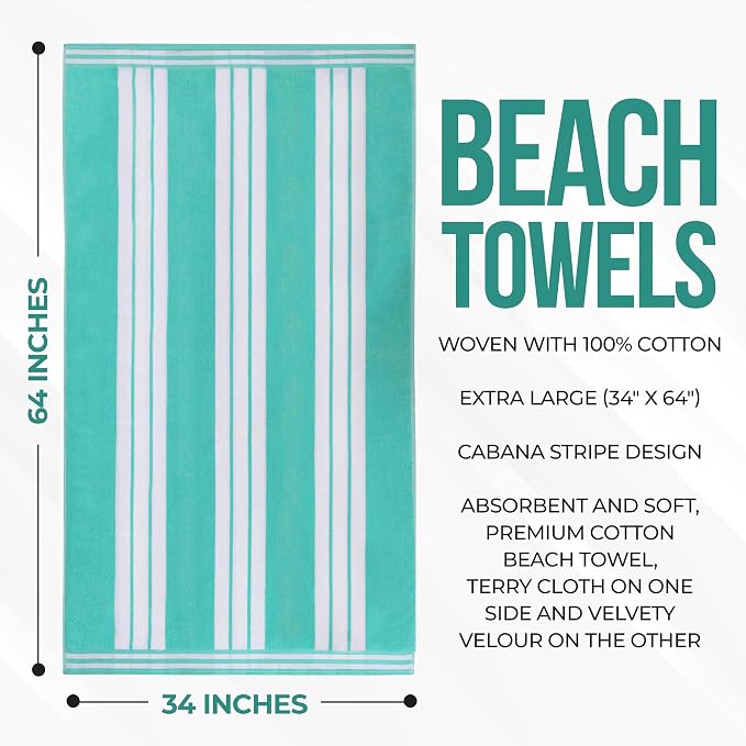 Superior Cotton Cabana Striped Beach Towels, Colorful Towels for Adult, Kid, Pool, Swimming, Sand, Travel, Large Oversized, Absorbent, Fast Drying, Bath Basics, Cabana Collection, 1 Piece, Mint - Image 5