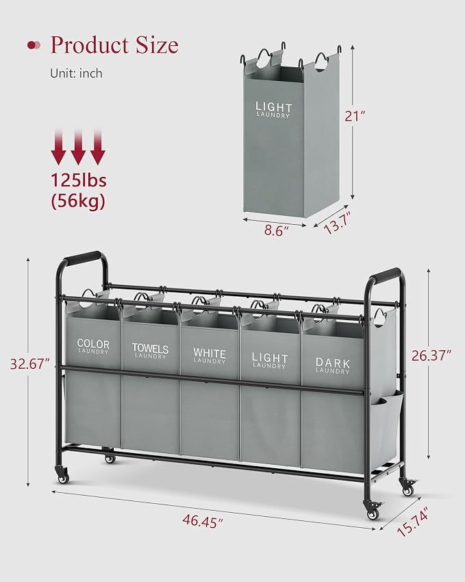 Tajsoon Laundry Sorter, 5 Section Laundry Hamper, Laundry Cart, Grey | 65 Gal Laundry Basket Organizer with Heavy Duty Lockable Wheels and Metal Handle, Large Clothes Hamper for Bathroom, Bedroom - Image 4