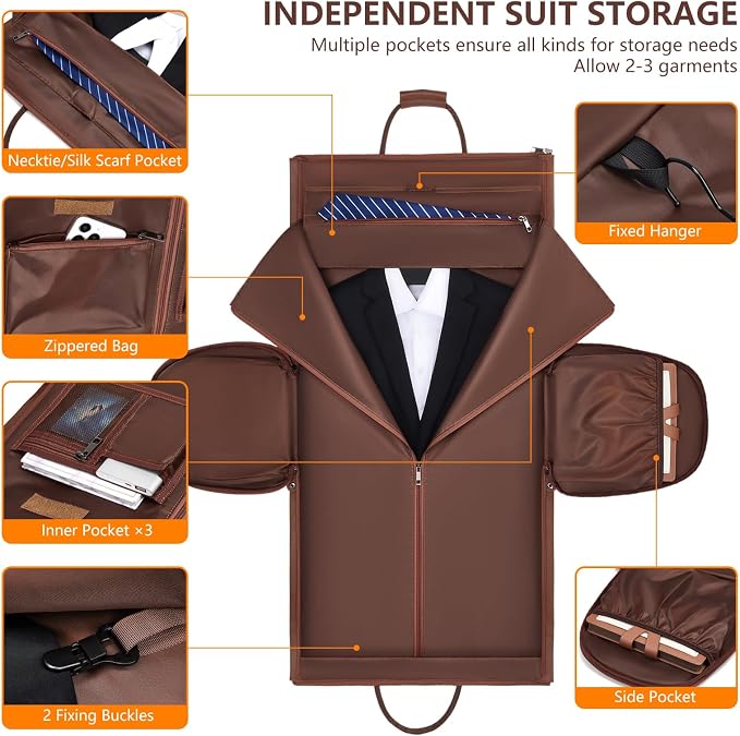 Leather Garment Bags for Travel, Convertible Carry on Garment Duffel Bag for Men, 2 in 1 Waterproof Foldable Travel Suit Bag with Shoulder Strap Weekender Bag with Shoe Pouch - Image 2