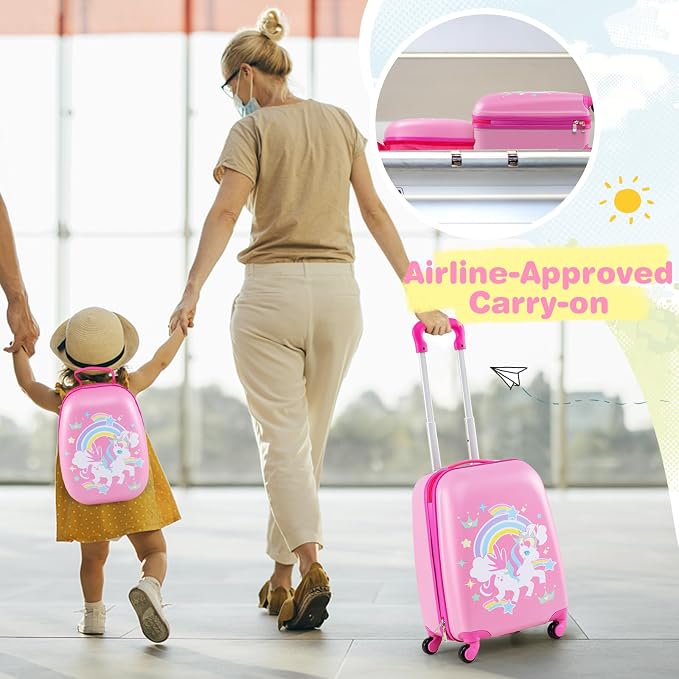 HONEY JOY Kids Luggage, 12" Toddler Backpack & 16" Travel Suitcase with Wheels, Lightweight Toddler Girls Suitcase, Durable ABS Hardshell, 2Pcs Carry On Luggage Set for Boys Girls(Rainbow) - Image 2