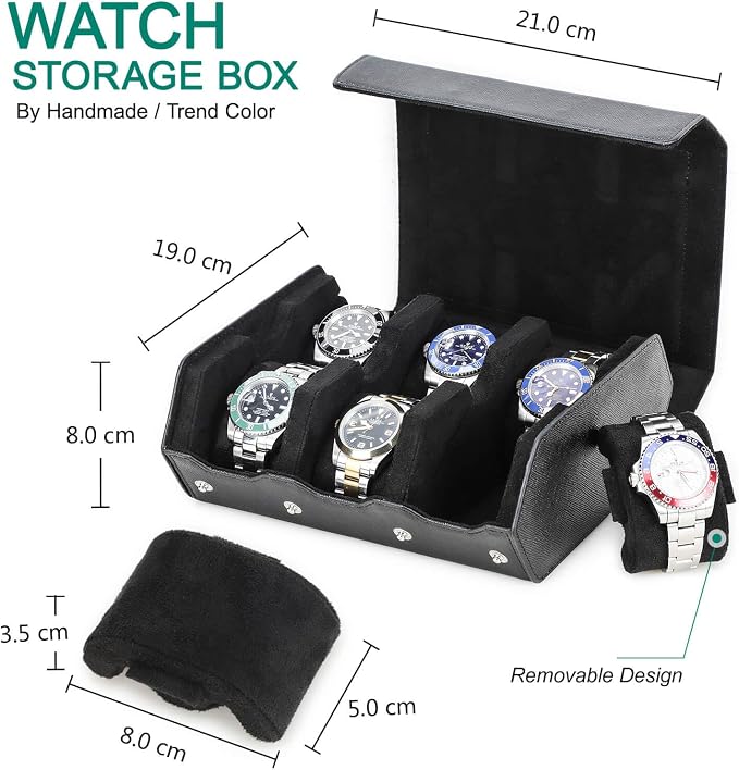 Hiram Genuine Leather Hexagon Watch Roll Travel Case, Leather 6-Watches Roll Case with Removable Pillow Cushion for Treasured Watches and Bracelets-Black - Image 2