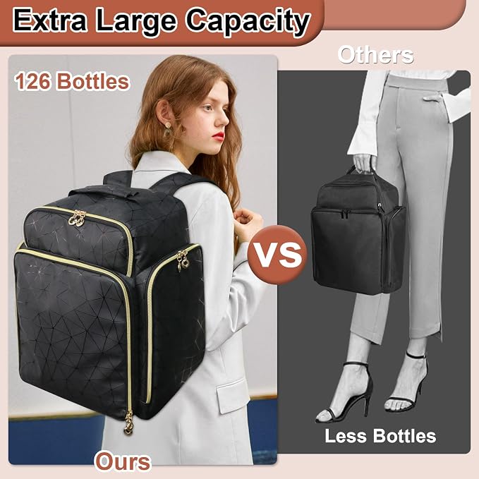 Nail Polish Organizer Backpack Holds 126 Bottles& Nail Lamp, Extra Large Nail Kit Supplies Organizer Bag with 3 Removable Cases, Portable Nail Organizers and Storage for Trave (Elegant Black) - Image 7