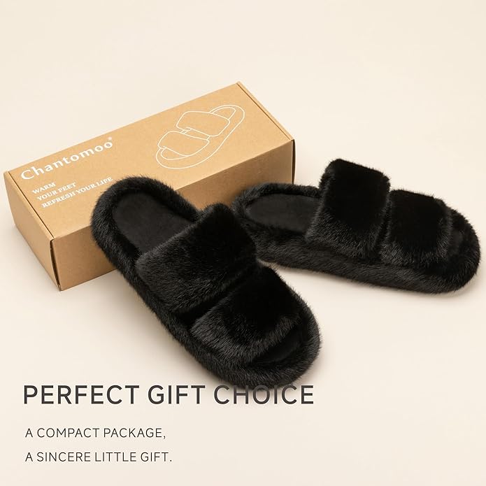Chantomoo Women's Memory Foam Fuzzy Comfy Faux Fur House Shoes - Furry Bedroom Indoor Open Toe Slippers with Two Bands - Trendy Gift Slippers