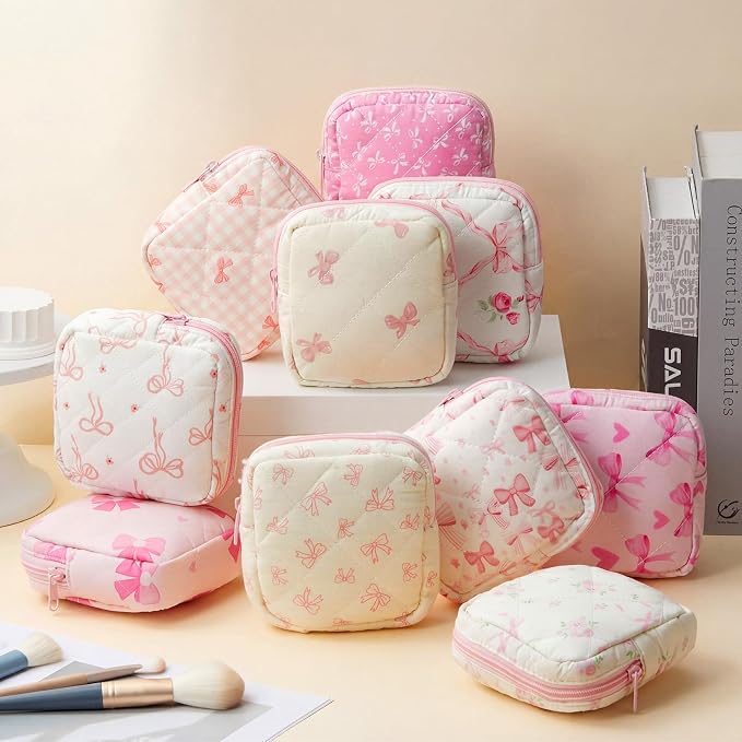 Paterr 10 Pcs Quilted Makeup Bag Bulk Cotton Floral Cosmetic Bag Women Girls Bridesmaid Gifts Cute Makeup Pouch Coquette Aesthetic Travel Toiletry Organizer(Pink Bow,5.12 x 4.72 x 1.97 Inches) - Image 4