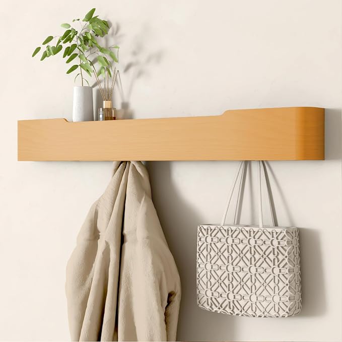 Wall Mounted Coat Rack with Shelf, Wooden Entryway Organizer with Hidden Metal Hooks for Hanging Coats Bags Keys, Modern Floating Shelf for Hallway Bathroom by VERASCOT
