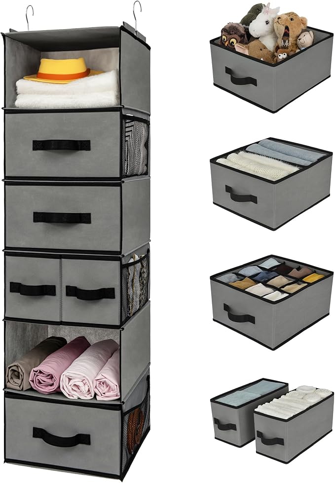 GRANNY SAYS Hanging Closet Organizer 6 Shelves, Closet Organizers and Storage with 5 Drawers, 6 Side Pockets Closet Hanging Organizer, Hanging Storage Organizer for Closet, Baby Clothes, Gray by GRANNYSAYS