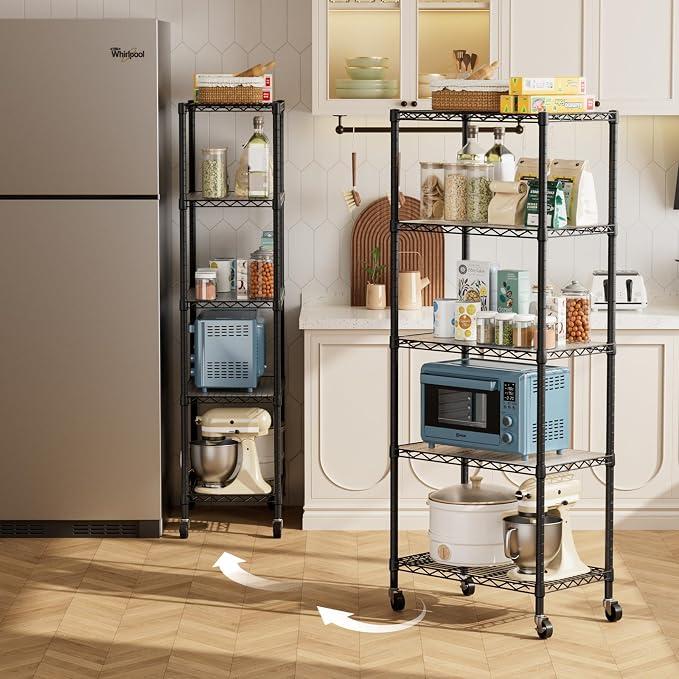 Golpart 5 Tier Shelves Storage Shelf Wire Closet Bathroom Organizers Metal Pantry Kitchen Garage Shelving Unit Laundry Room Organization Home Rack Net Basket Black with Wheels 14”D X 24”W X 61.2”H - Image 8