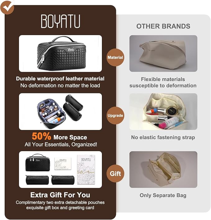 BOYATU Travel Makeup Bags for Women: 3 Pcs Large Make up Bags Set - Vegan Leather Cosmetic Bag for Traveling - Waterproof Toiletry Organizer (L05 Black) - Image 3