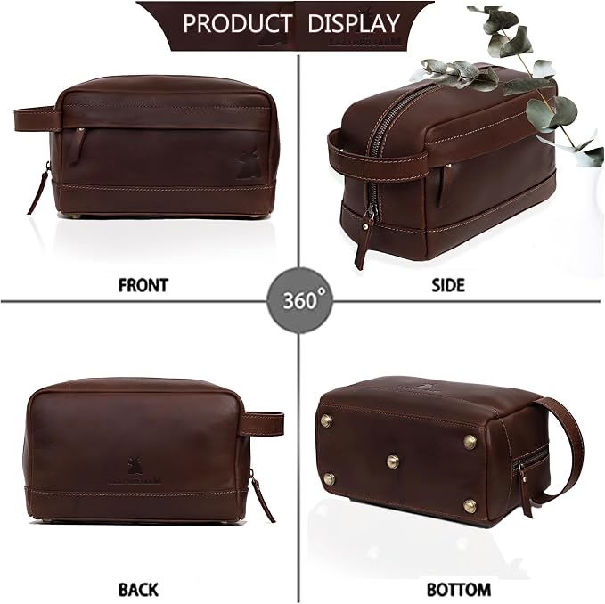 Leather Farm Premium Buffalo Leather Toiletry Bag for Men & Women - Dopp Kit With Water Resistant Lining, Shaving Pouch, Unisex Wash Bag For Toiletries, Gifts For Men and Women - Dark Brown - Image 5