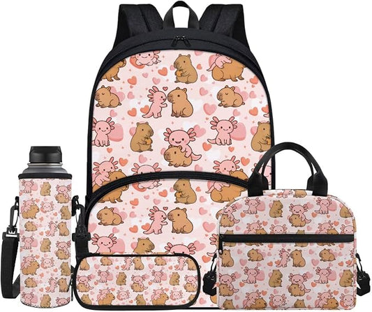 Girls Axolotl Capybara Backpack Set, Pink Love Elementary School Backpacks for Kids, 17 Inch Backpack Bookbag with Lunch Box Pencil Case Water Bottle Bag for School Travel Hiking, 4 Pcs by Jndtueit
