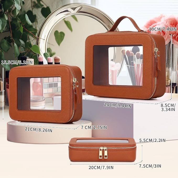 Pinkmik Clear Makeup Bag with Brush Bag 3pcs Waterproof Travel Case for Cosmetics and Toiletries Women's Makeup Organizer with Zipper (X/Brown, L+M+SLIM) - Image 2