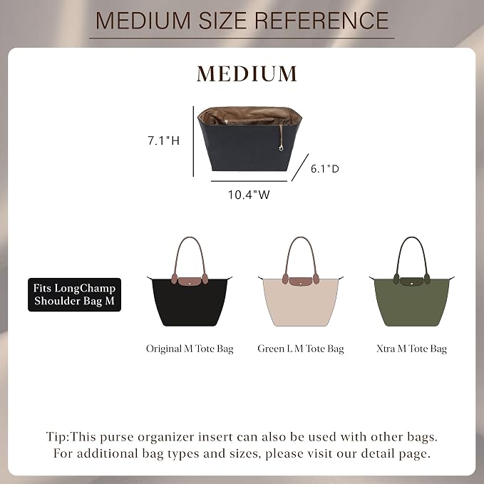 DOXO Purse Organizer Insert for Longchamp Le Pliage Medium, 6-Compartment Bag Organizer with YKK Zipper Pocket, Cup Holder, Key Chain, Waterproof DupontPaper Lightweight Handbag Shaper (Black Brown,M) - Image 2