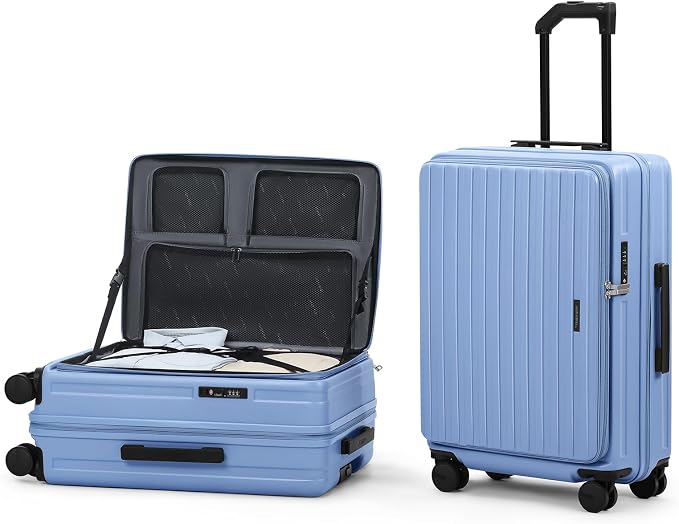 ROAMING 20 Inch Carry On Luggage Expandable TOP Opening Rolling Vacation Suitcase with Spinner Wheels and TSA Lock Cup Holder PC Hard Shell Travel Trolley Case for Shout Business Trips blue by ROAMING
