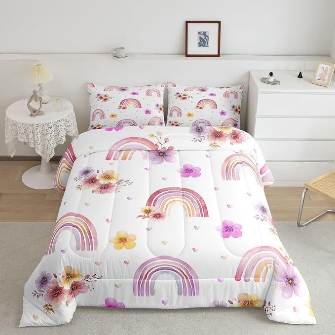 Girls Rainbow Comforter Set Full, Flower Petal Bedding Set For Kids Children Women, Rainbow Stripes Floral Duvet Insert Hand Drawn Iridescent Bedding Comforters With 2 Pillow Cases, Colorful - Image 2
