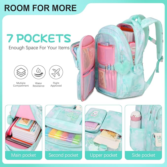 Jafeton Backpacks for Girls, Girls Backpack with Insulated Lunch Box and Pencil Case for Kids Teens Elementary Middle High School Student, Cute Bow School Bag Travel Daypacks Book Bag Set (Green) - Image 3