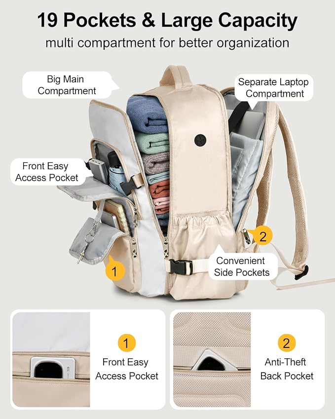 Travel Backpack for Women & Men, Carry On Personal Item Bag Flight Approved, Large Waterproof Laptop Backpack for Travel, Overnight, College & Commuting Beige-White - Image 6