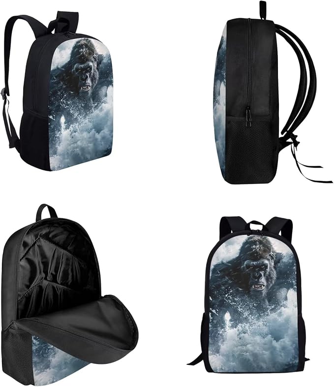 17 Inch Animal Print School Backpack And Lunch Box Set for Kids Lightweight Sea Angry Gorilla Backpack for Boys Girls Sturdy School Bag with Insulated Lunchbox Pencil Case Student Bookbag - Image 3