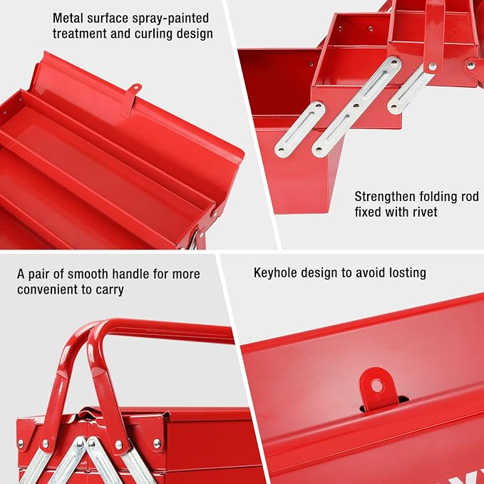 WORKPRO Metal Tool Box, 18-inch Cantilever Folding Red Storage Box, 3-Layer 5-Tray Multi-Function Tool Organizer, Red - Image 5