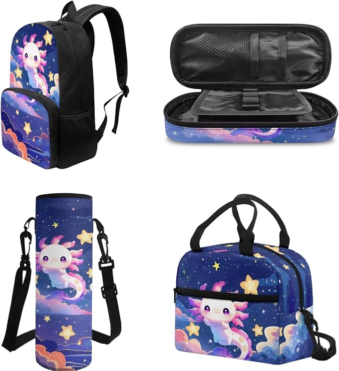 POLERO Cute Axolotl Backpack with Lunch Box for Girls Elementary Preschool Kindergarten School Bag Pencil Case Water Bottle Holder Set - Image 3