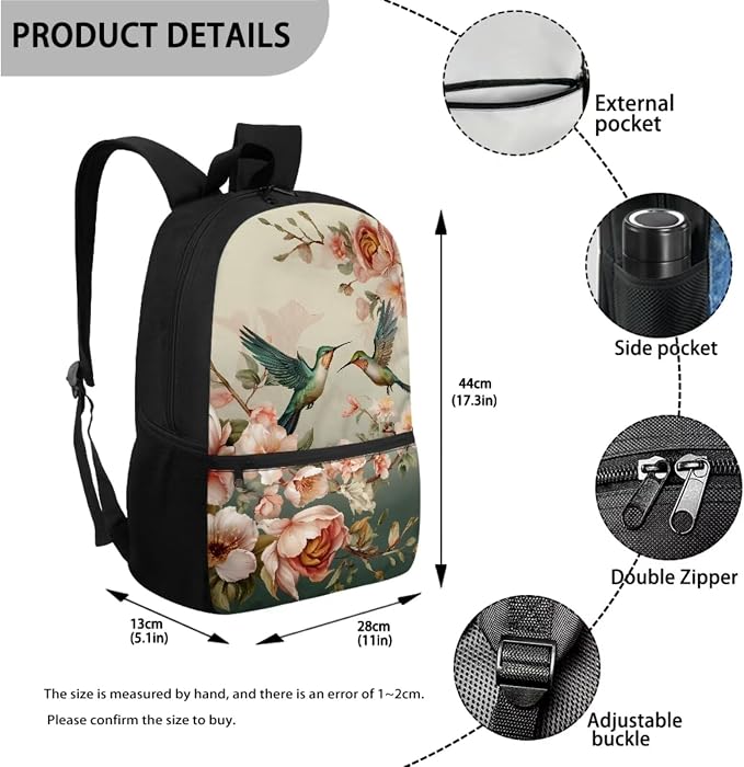 Rose Floral Hummingbird Print Backpack Set 17 Inch Schoolbag Large Capacity Bookbag Lunch Box Pencil Case Casual Rucksack Lightweight Daypack with Ergonomic Straps for Hiking - Image 2