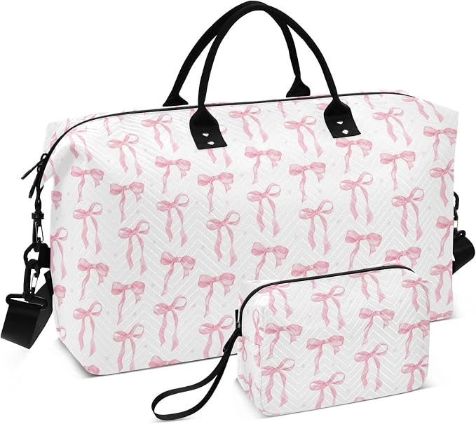 Weekender Bags Travel Duffel Gym Bag Carry on Overnight Tote Bag with Toiletry Bag for Airplane Travel Trip Gym Yoga (Pink Bow 61) by senya
