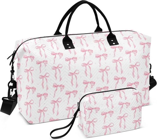 Weekender Bags Travel Duffel Gym Bag Carry on Overnight Tote Bag with Toiletry Bag for Airplane Travel Trip Gym Yoga (Pink Bow 61) by senya