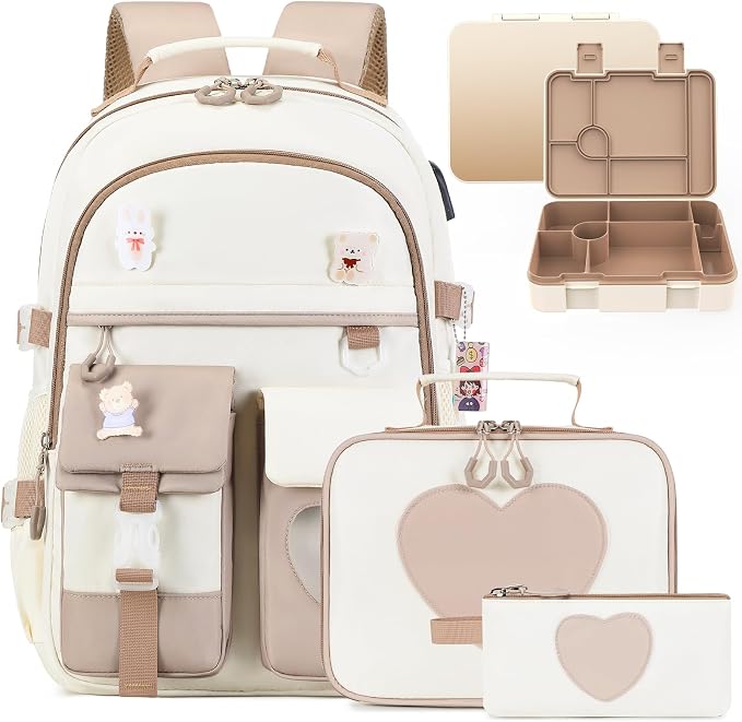 ACESAK Girls Backpack - Bento Box with Insulated Lunch Bag Pencil Case & Utensils Set for Kids, 6 Leakproof Compartments Removable Tray Lunches or Snack Container for School (Khaki Beige) by ACESAK