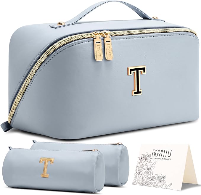 BOYATU Personalized Travel Makeup Bag: 3-in-1 Cosmetic Bag Gift for Women | Initial Make up Bag Organizer - Custom Letters A-Z - Flat Open Portable Toiletry Bag for Birthday Graduation Anniversary by BOYATU