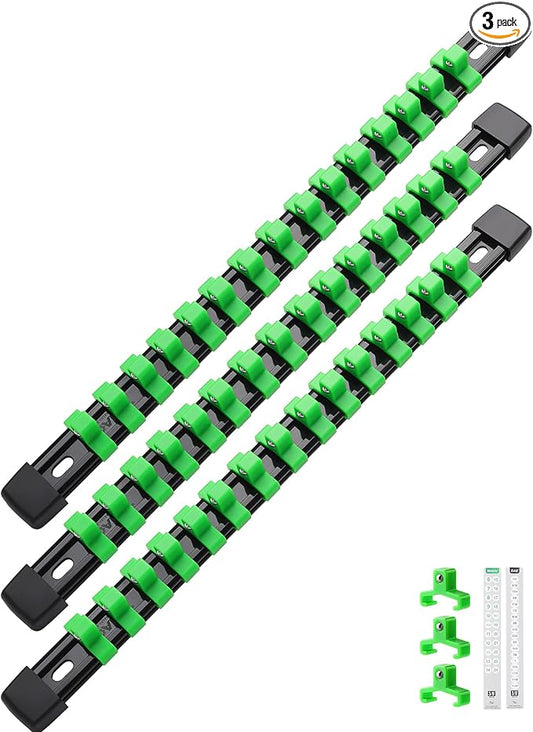 ALOANES 3PC ABS Socket Organizer, Socket Rails Fit 3/8 inch Drive | Portable Heavy Duty Socket Holders Hold up 45 Sockets for Mechanics Toolbox Drawer Bags(Green) by Aloanes