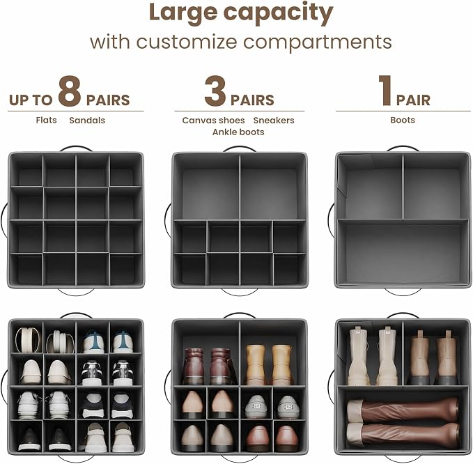 Varhomax Shoe Organizer Box 2 Pack for Closet, Fabric Shoe Storage Bin with Adjustable Dividers & Clear Cover, Holds up 16-32 Pairs of Sneakers & Sandals for Entryway, Cubby (Gray) - Image 4