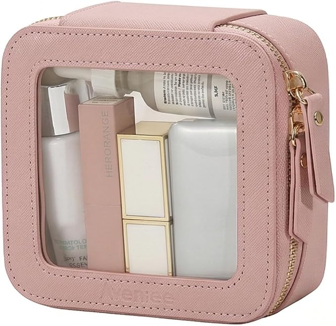 Aveniee Mini Clear Makeup Bag, Small Cosmetic Bags Travel Toiletry Pouch Organizer, TSA Approved Make up Case with Zipper, Car Bag for Essentials,Dusty Pink by Aveniee