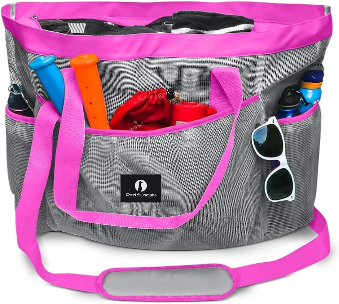 Red Suricata Mesh Beach Bag with Zipper - Extra Large Beach Tote Bag – Pool Bag | with Zipper by RedSuricata