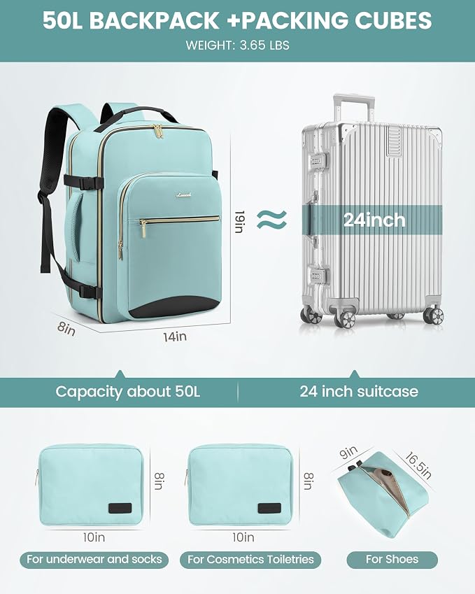 LOVEVOOK 50L Travel Backpack Flight Approved Carry on Backpack,3 Packing Cubes,Waterproof Personal Item Travel Bag,TSA Carry on Luggage Suitcase Travel Essentials,Gifts for Women & Men,fits 18" Laptop - Image 5