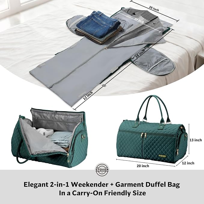 STOVER Women’s Convertible Garment Duffel Bag for Travel – 2-in-1 Carry-On Weekender/Overnight Tote - Wrinkle-Free Dresses, Suits & Clothes + Shoe Compartment & Bonus Toiletry Bag (Emerald Green) - Image 2