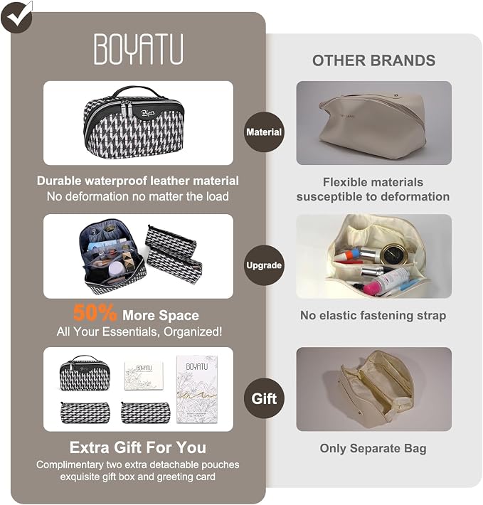 BOYATU Travel Makeup Bags for Women: Large Capacity Cosmetic Bag Set of 3 - Vegan Leather Make up Bags with Compartments - Wide Open Waterproof Toiletry Organizer Bag with Handle (P-04-Black) - Image 4