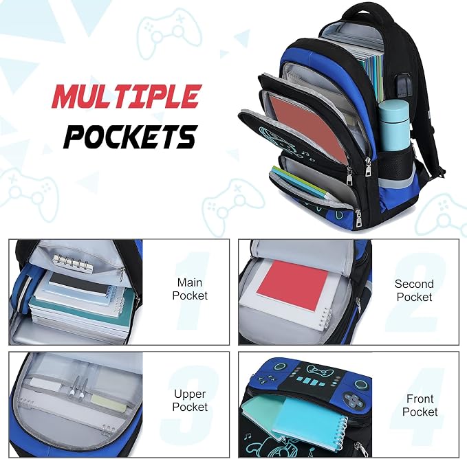 Bevalsa Backpack for School Boys, Cool Luminous Gamer Boys Schoolbag with Sling Bag,Lunch Box & Pencil Case for Kids Children Teens Elementary Middle School(Blue Backpack with Shoulder Bag) - Image 4