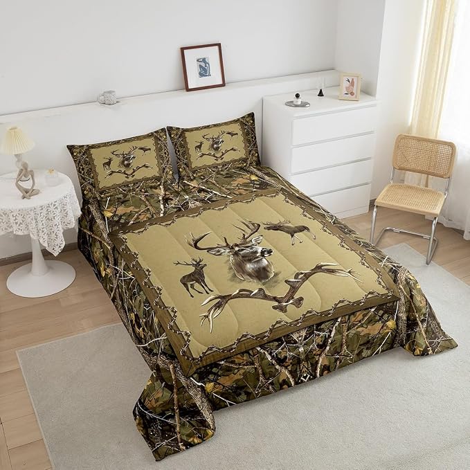 Erosebridal Vintage Deer Comforter Set Full Size Jungle Trees Bedding Set for Teens Youth Western Antler Quilt Farmhouse Animal Patchwork Down Comforter with 2 Pillow Shams Lightweight - Image 4